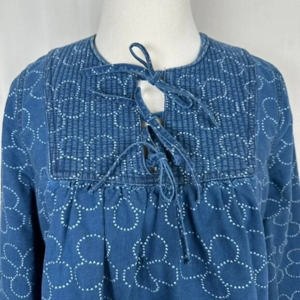 Madewell Indigo Floral Quilted Tie Front Bib Top XS Peasant Country Blouse NB613